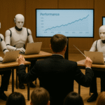a group of people in a room with robots