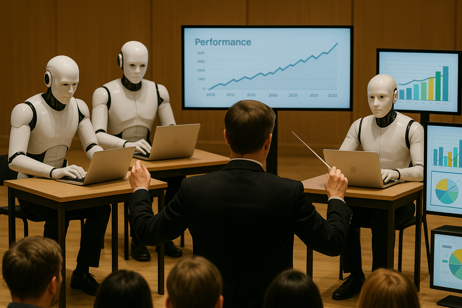 a group of people in a room with robots